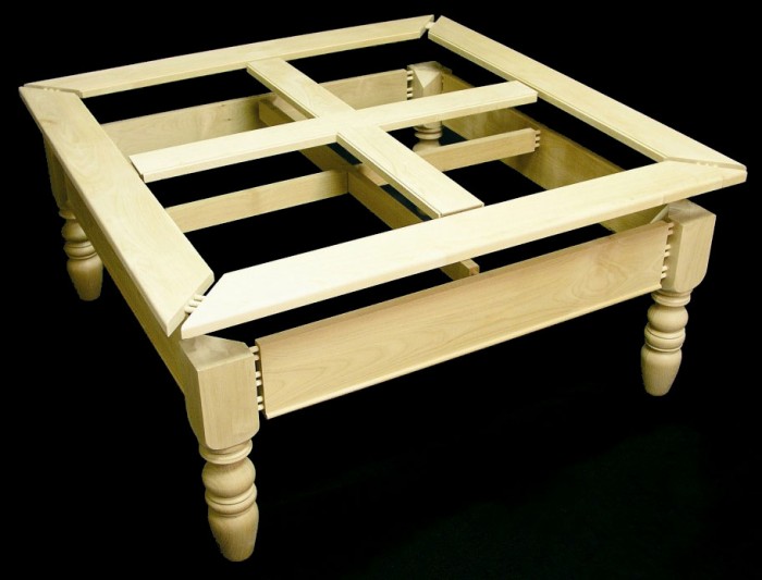 photo of dry fitted coffee table assembly with turned legs built for this project instruction article