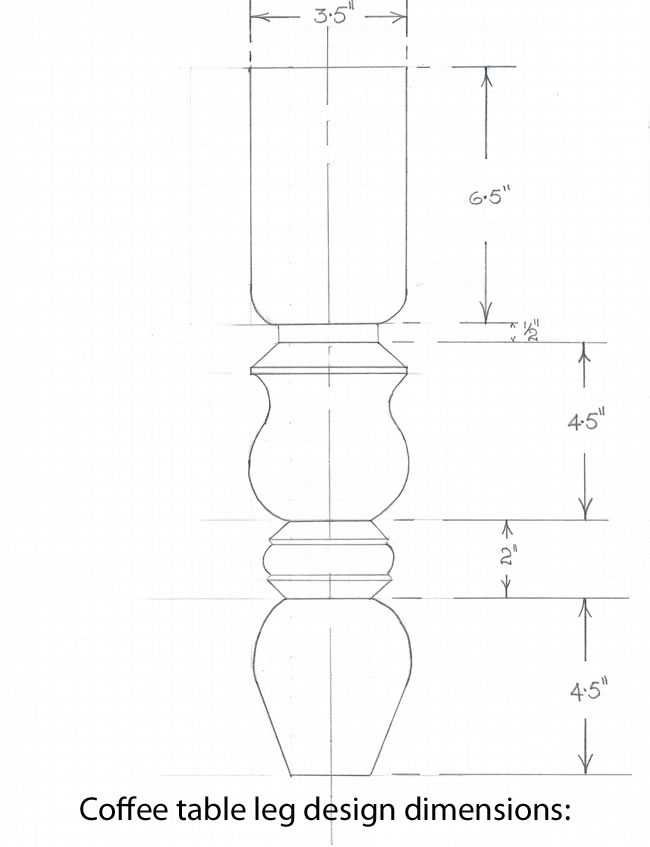 Sketch of turned coffee table leg to show sectional shape and dimensions.