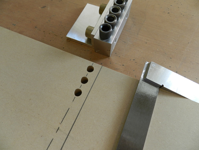 photo of dowel bores for rail to support cross member joints used to build the coffee table frame inner section