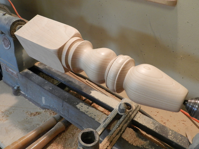 photo of the completed design of the turned 4 x 4 leg used to build the coffee table frame assembly