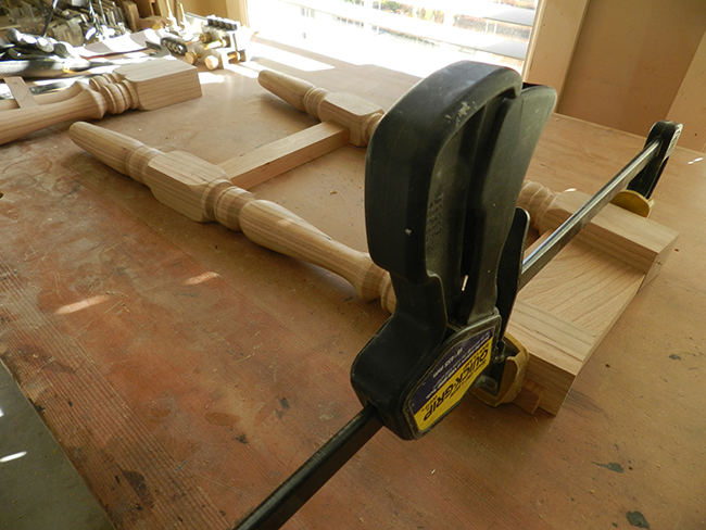 photo of dry fitting the upper rail and legs used to build the stool frame assembly to cut and test fit the length of the lower rail