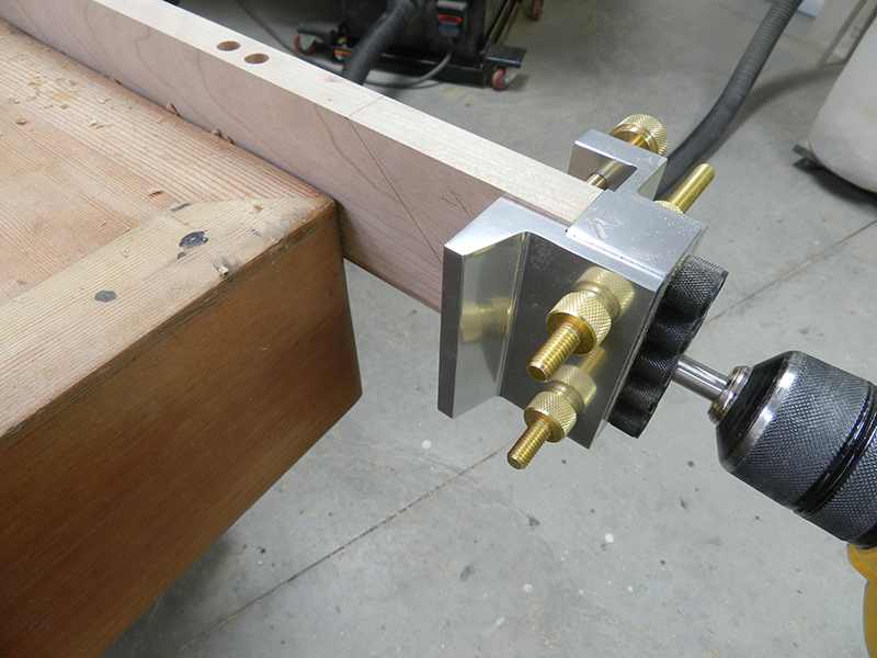 dowelmax-used-to-drill-into-mitered-rail-end-before-cutting-miter
