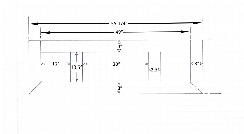 Plan view sketch of entryway table top assembly with dimensions.