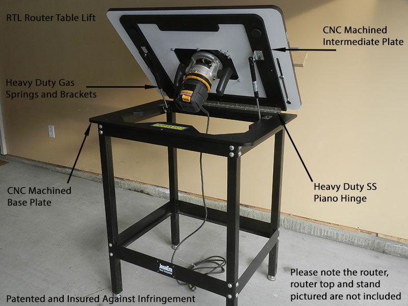 photo of RTL router lift installed with Benchdog 24 x 32 phenolic router top