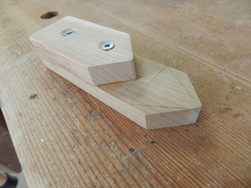 photo of shop made 1-1/4 inch distance gauge used to center dowels on ends of rails and stiles used to build the armoire raised panel sides