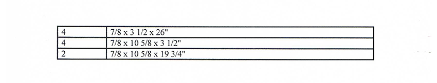 word document table containing dimensions of the rails, stiles and center panels used to build the armoire raised panel doors