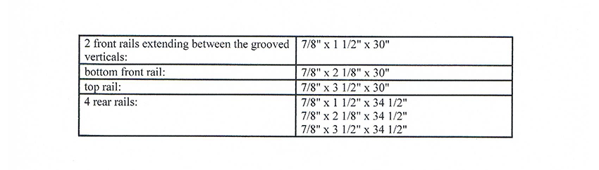 word document table containing dimensions of the 8 rails used to build the armoire frame assembly front and rear sections
