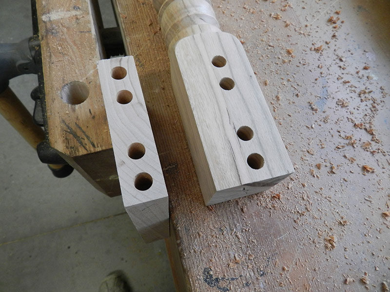 photo of 6 Degree angled upper rail to leg multiple dowel joint bores used to build the counter stool frame assembly