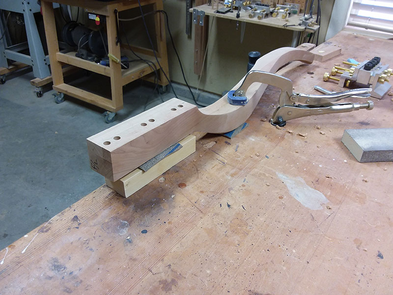 photo of the cabriole leg to drawer fascia dowel bores used to build the bedroom table frame front section