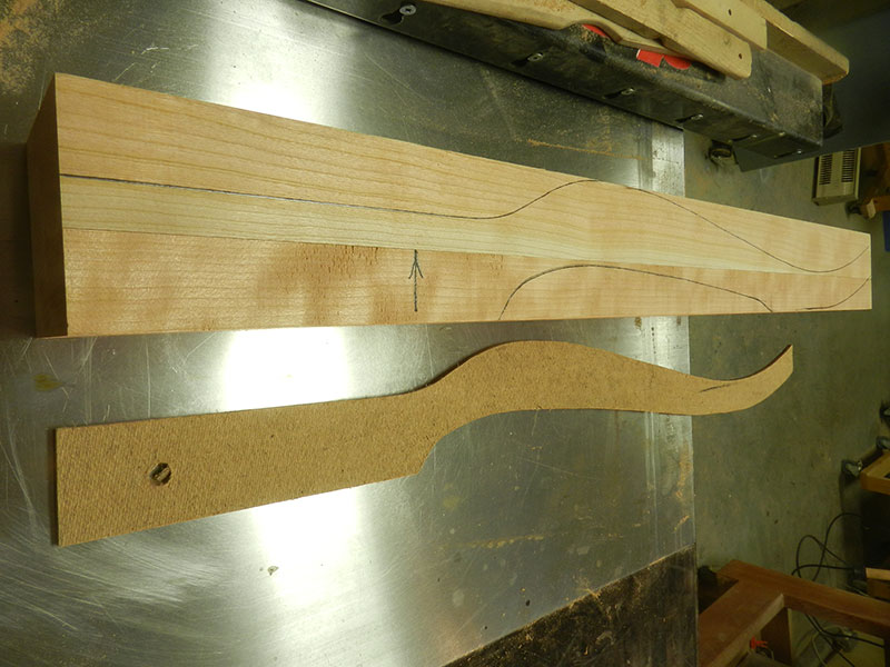 photo of the template lines marked on the joined work piece used to build the bedside table leg which are designed to miss the joint seam at the middle