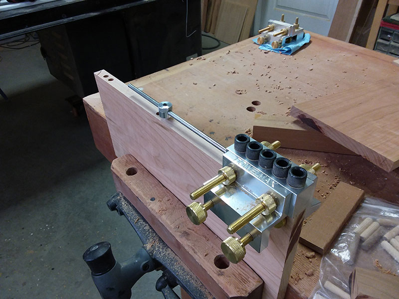 photo of Dowelmax device and distance gauge set to align and drill dowel joint used to build the bedside table shelf assembly