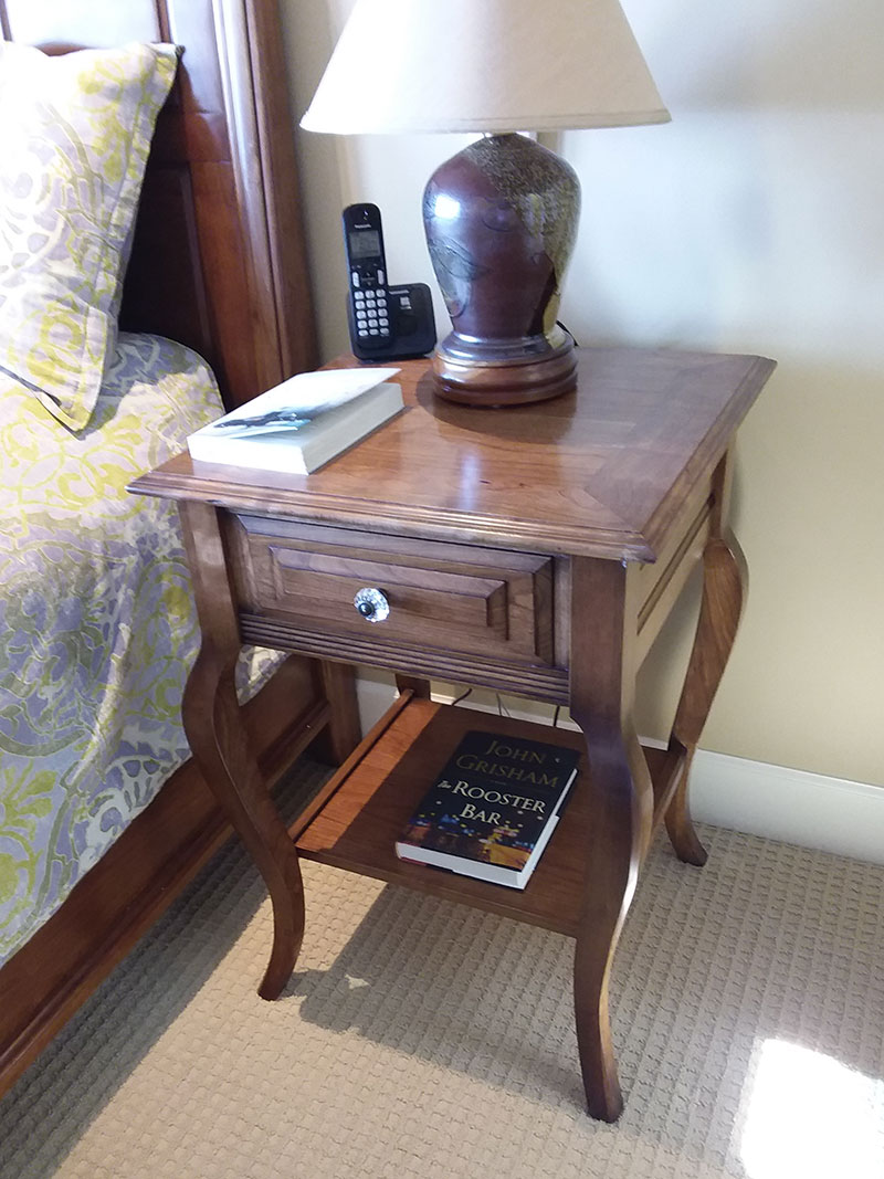 photo of bedside table built by Dowelmax inventor Jim Lindsay for this project article shown finished